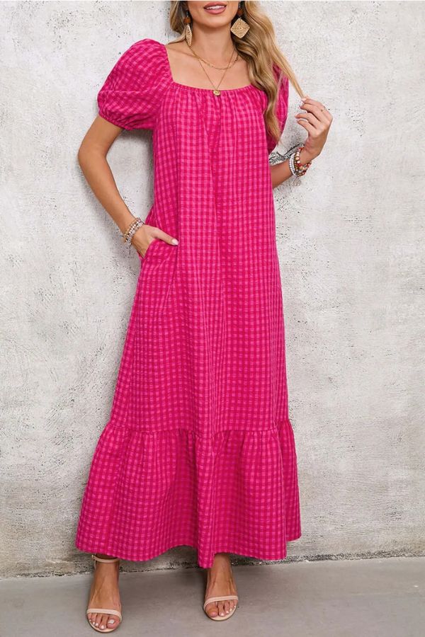 CM | maxi vestido a cuadros con mangas abullonadas y escote cuadrado