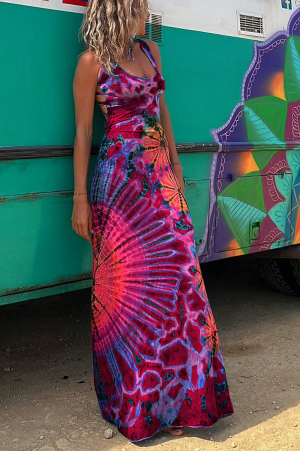 CM | La Bamba maxi vestido elástico con lazada en la espalda y estampado tie-dye