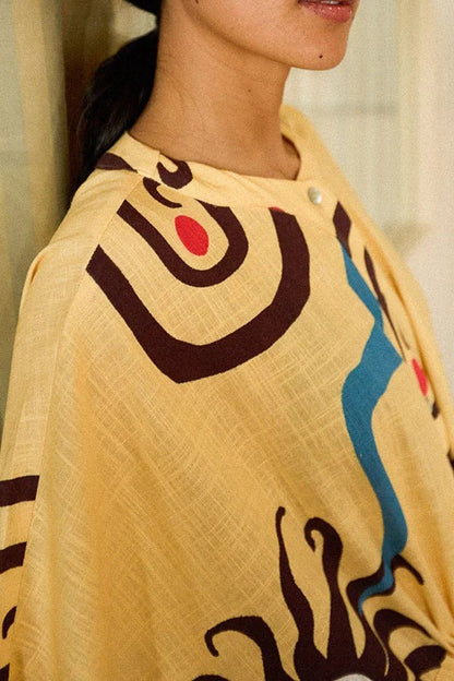 CM | Helia Mezcla de Lino Estampado Único Maxi Vestido Kaftan con Cintura con Cordón