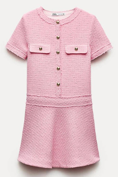 CM | 1960s London Girl tweed texturizado botón dorado manga corta bolsillo mini vestido