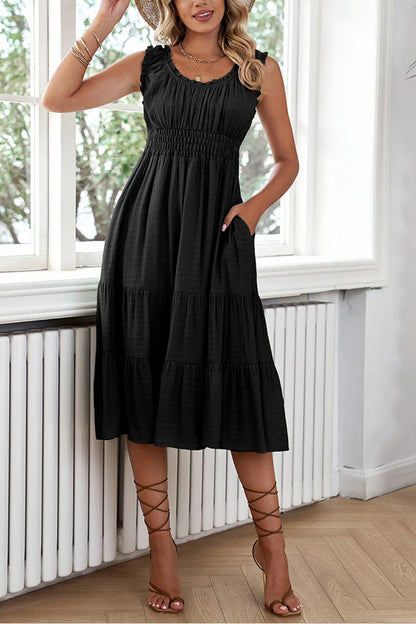 CM | Vestido midi negro sin mangas con volantes y escote en U
