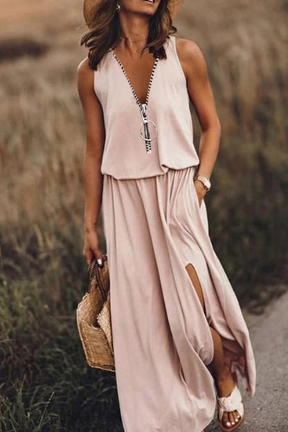 CM | Vestido largo sin mangas mujeres casuales cintura cremallera carta vestido