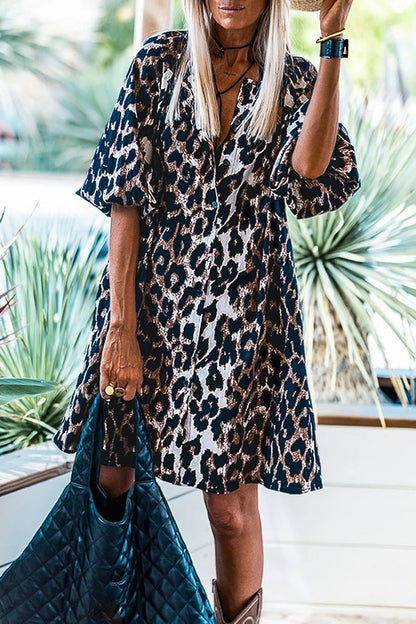 CM | Mini Vestido Abotonado Negro Leopardo Manga Farol