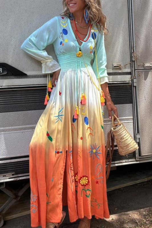 CM | Gigi Maxi Vestido con Flecos y Cintura Elástica con Estampado Degradado y Diseño Único