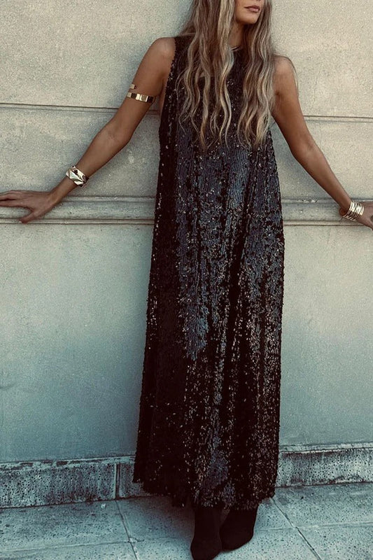 CM | Twas The Night Lentejuelas Cuello Redondo Sin Mangas Drapeado Suelto Maxi Vestido