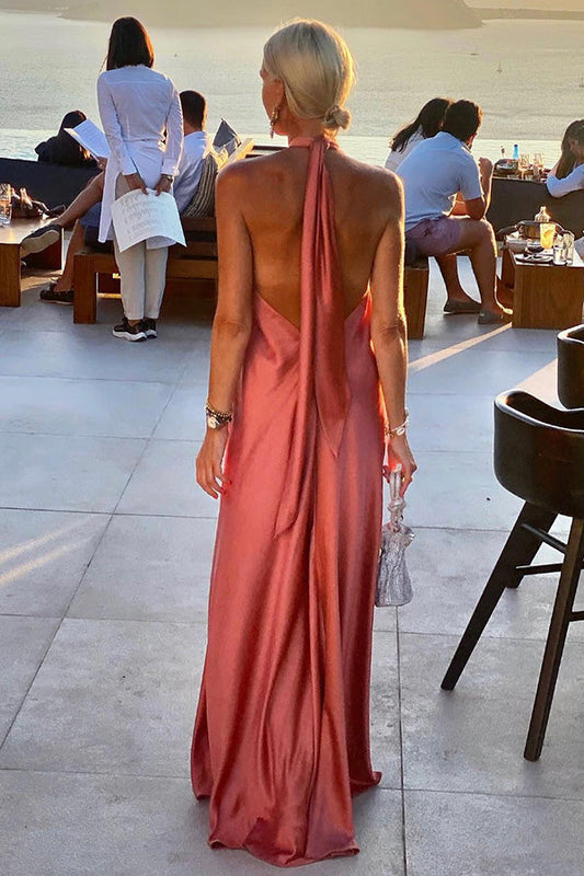 CM | Elegante y fabuloso maxi vestido de fiesta / vocación satinado halter sin espalda