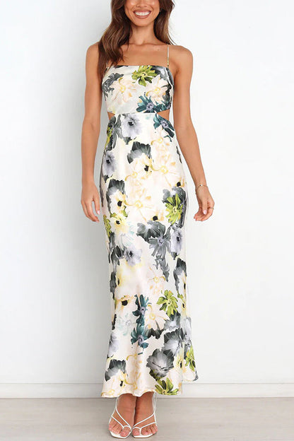 CM | Garden Party Floral Satén Recorte Espalda Encaje Maxi Vestido