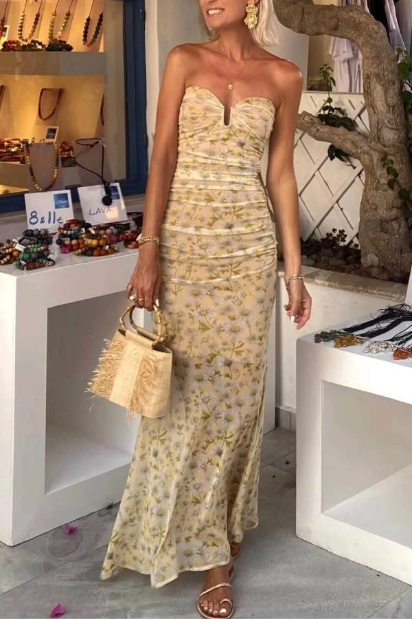 CM | Santorini Sunset Delicado maxi vestido de gasa sin tirantes con estampado floral
