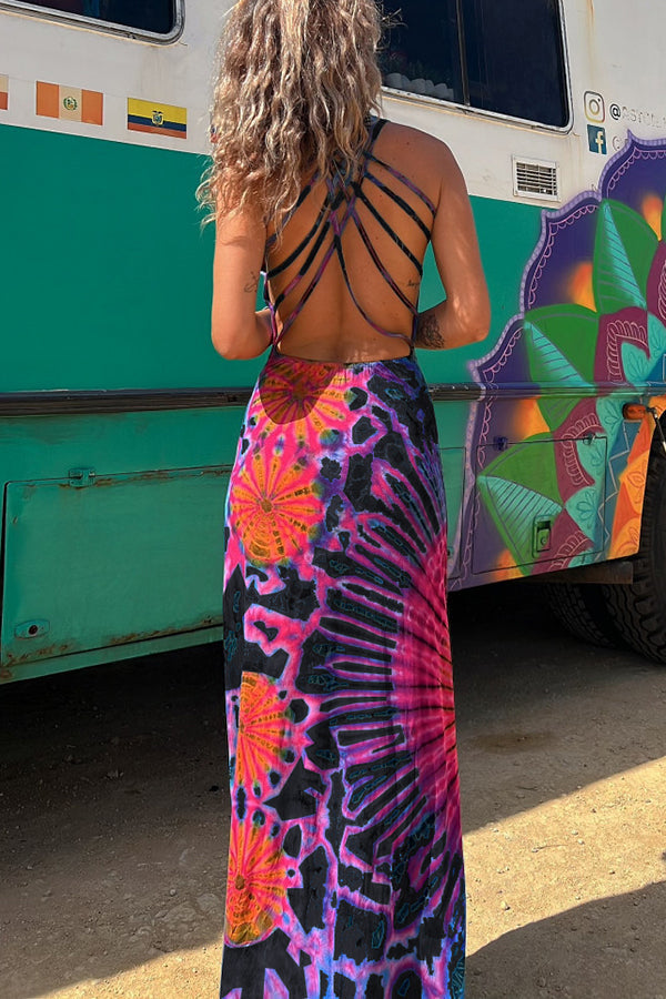 CM | La Bamba maxi vestido elástico con lazada en la espalda y estampado tie-dye