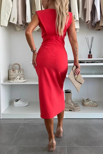 CM | Color sólido Escote redondo Sin mangas Vestido midi slim-fit con abertura