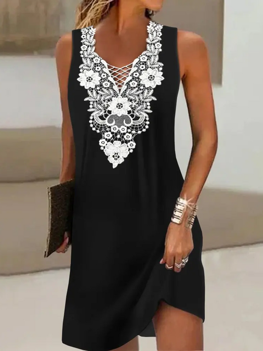 CM | Elegante Contraste Encaje Sin Mangas Ocasión Casual Mini Vestido Prom QPQ119