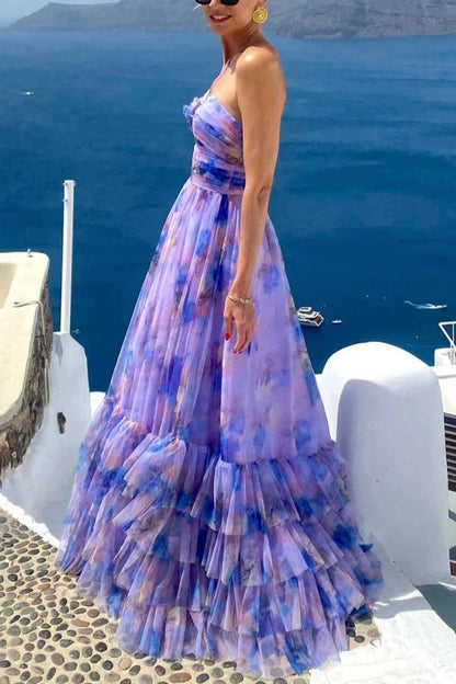CM | Dreamy Clouds Tul estampado Rosa Detalle Cuello Ruffle Striped Halter Maxi Vestido