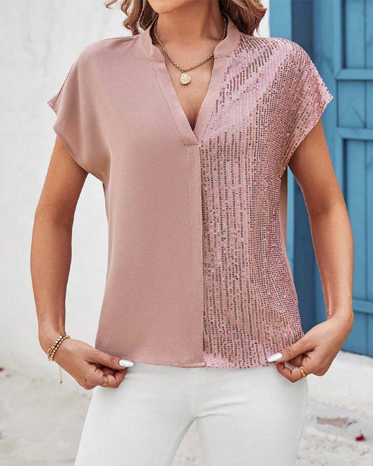 CM | Blusa casual con cuello en V, manga corta y lentejuelas