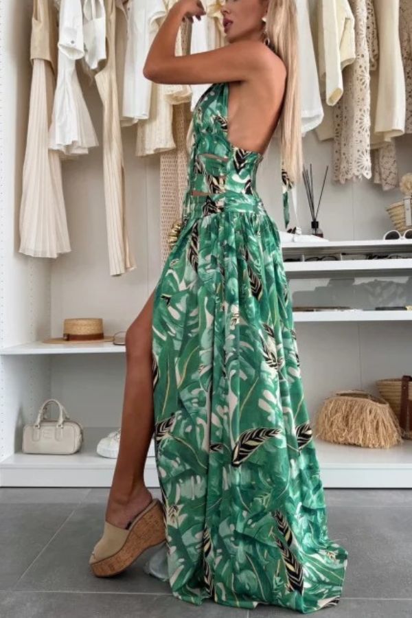 CM | Paisaje Amazónico Impresión Única Cuello Atado Cintura Anillo Halter Hendidura Maxi Vestido