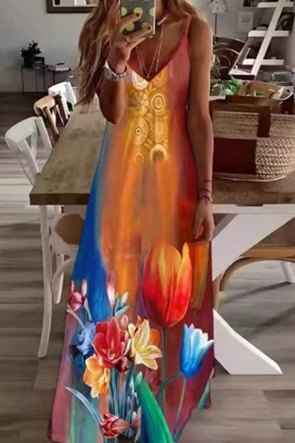 CM | Maxi Vestido Suelto con Tirantes en V y Estampado Único