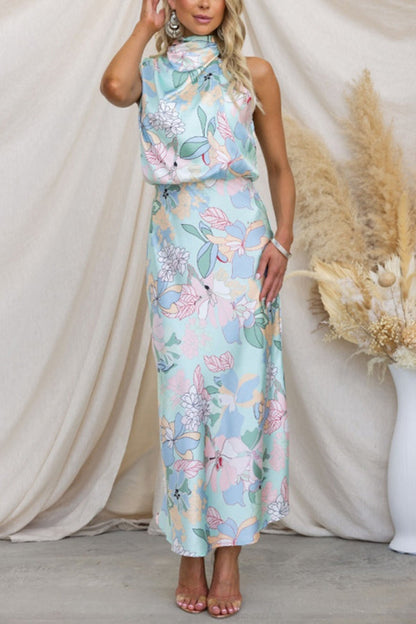 CM | Love In The Garden Maxi Vestido Floral con Cuello Halter y Cintura Elástica