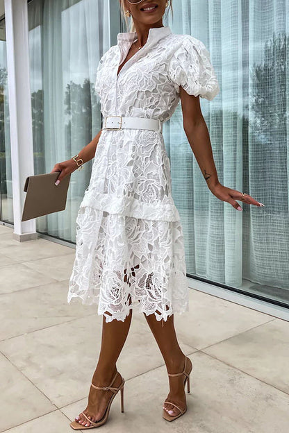 CM | Absolutamente Elegante Floral Crochet Encaje Puff Manga Cinturón Camisa Vestido Midi
