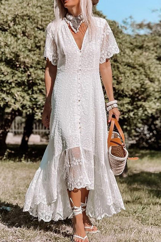 CM | Vestido entallado con cuello en V Vestido midi de encaje floral