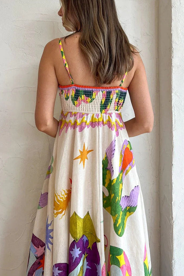 CM | Feel Effortlessly Vestido midi con espalda fruncida en mezcla de lino y estampado único