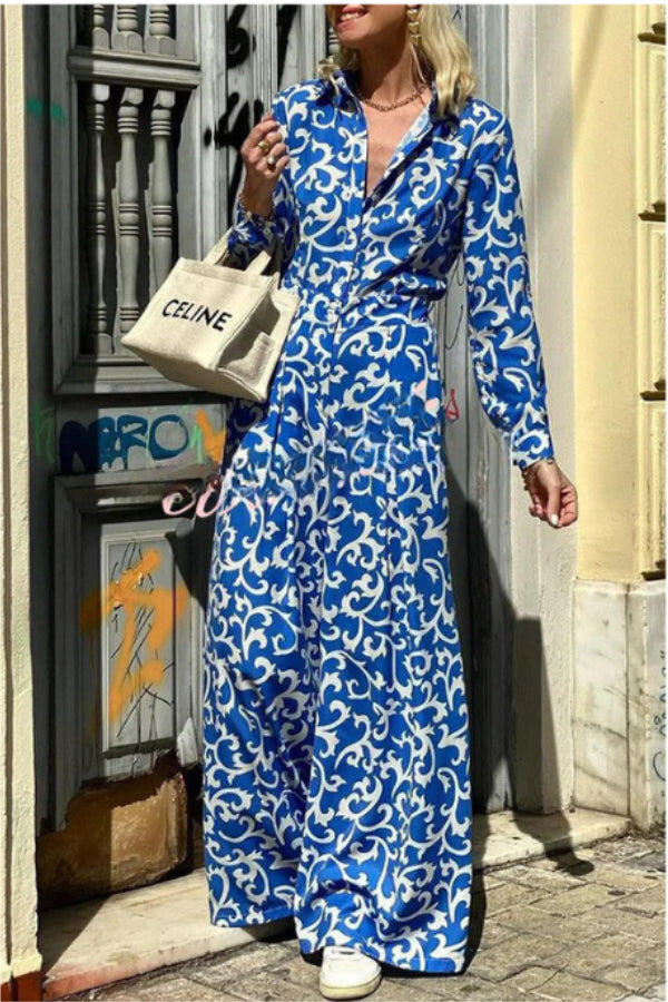 CM | maxi vestido camisa manga larga bolsillo botones solapa estampado étnico