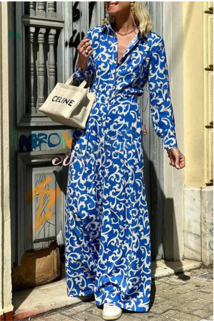 CM | maxi vestido camisa manga larga bolsillo botones solapa estampado étnico
