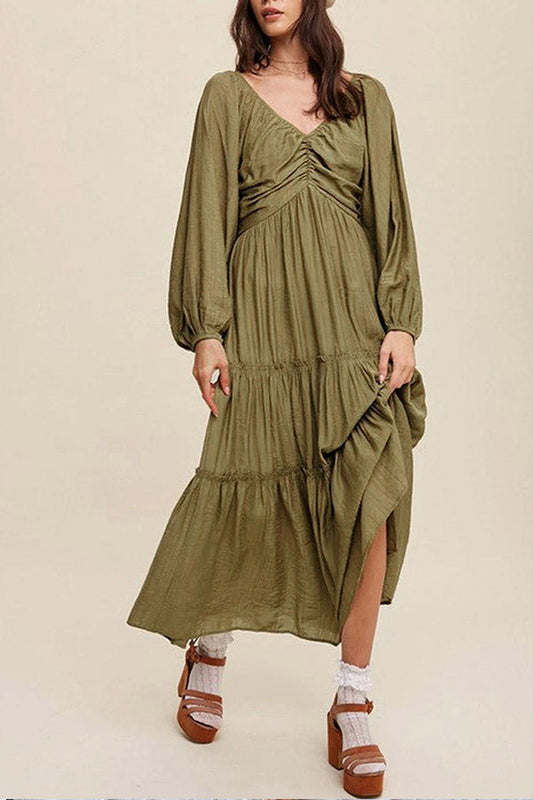 CM | maxi vestido verde de rayas con escote en V y nudo en el cuello