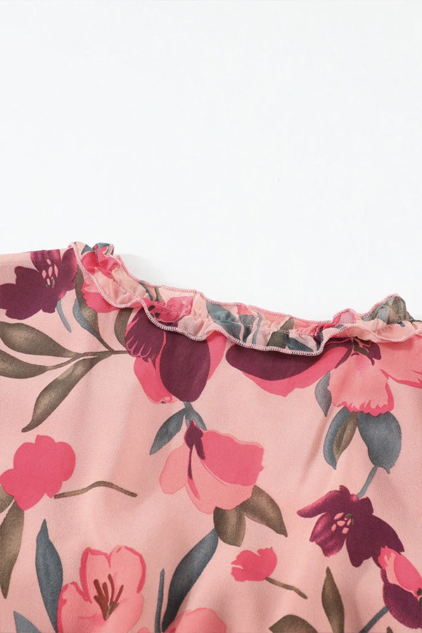 CM | maxi vestido escotado con volantes y estampado floral en rojo pastel
