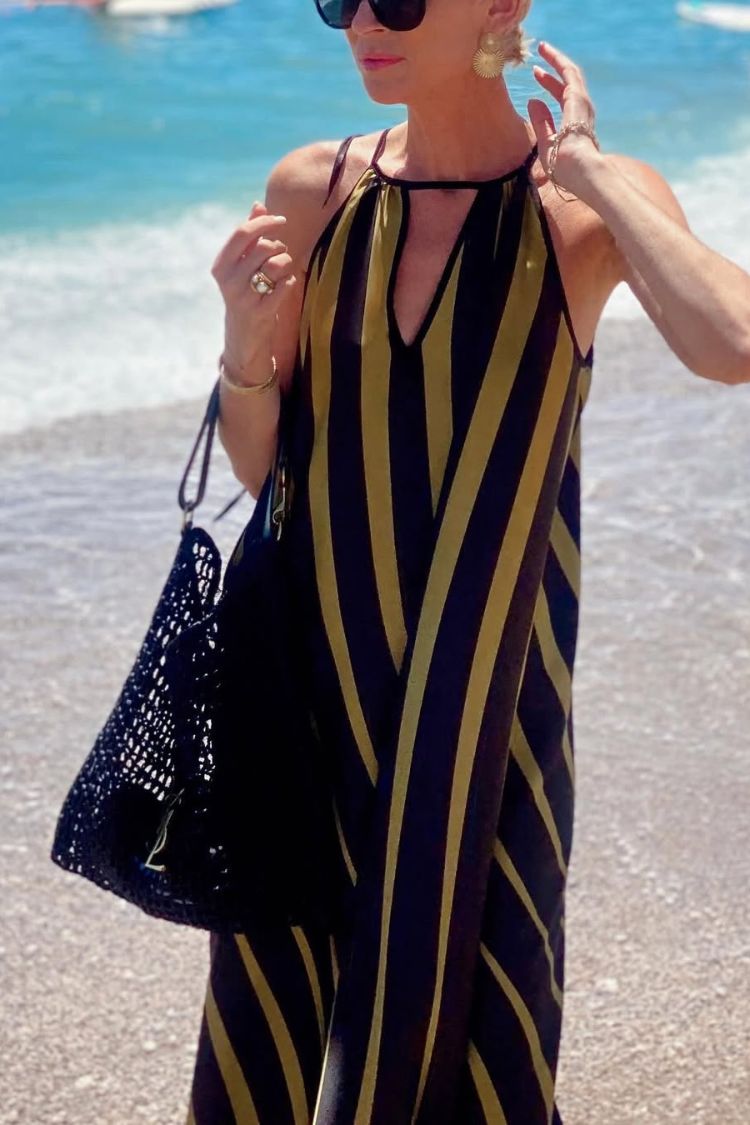 CM | Estampado de rayas Cuello en V Vestido maxi holgado de vacaciones en la playa