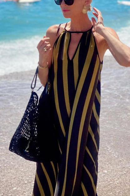 CM | Estampado de rayas Cuello en V Vestido maxi holgado de vacaciones en la playa