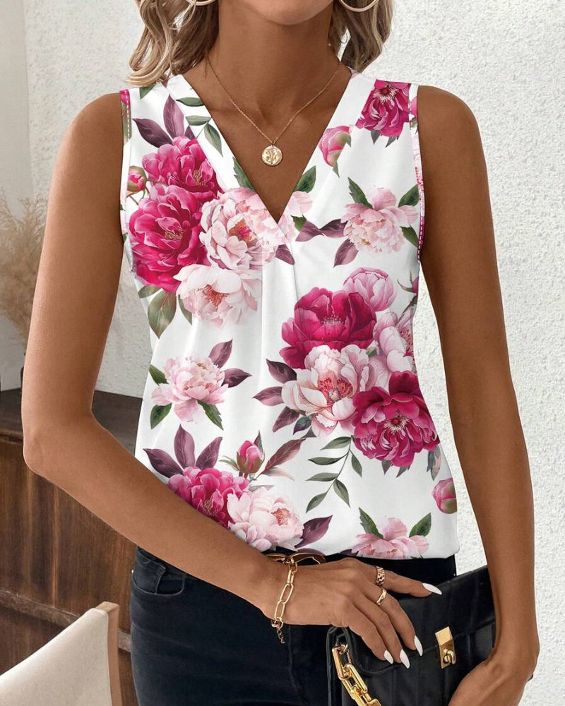 CM | A Blusa sin mangas de escote redondo con estampado de rosas