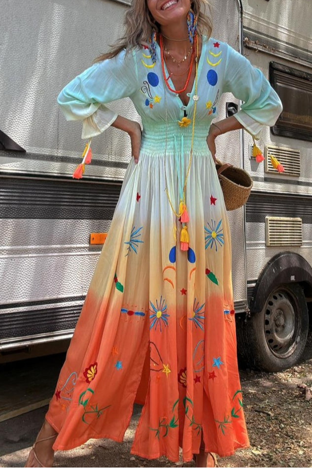 CM | Gigi Maxi Vestido con Flecos y Cintura Elástica con Estampado Degradado y Diseño Único