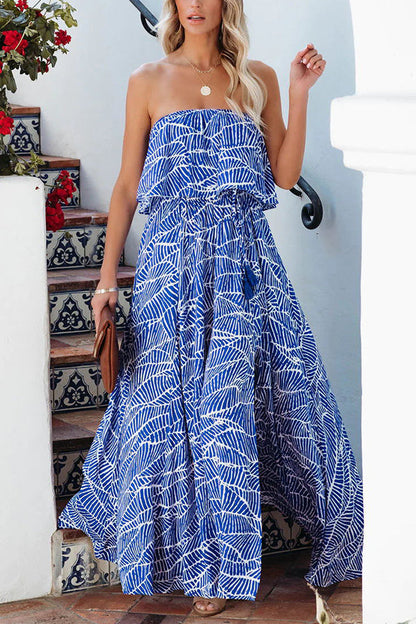 CM | Picnic de Verano Impreso Cintura Elástica Sin Tirantes Maxi Vestido