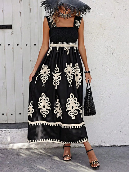 CM | maxi vestido estampado con tirantes anchos y fruncidos