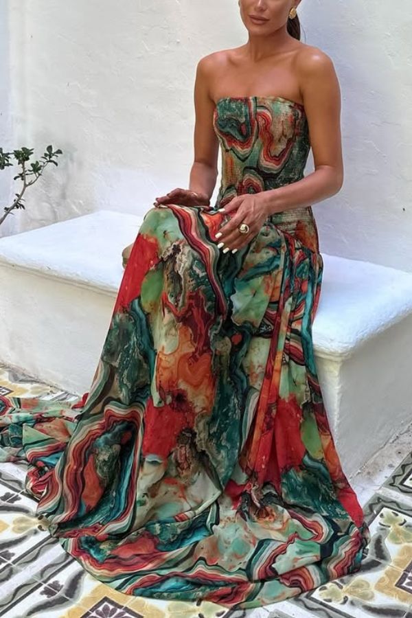 CM | Vacay Vibes Vestido maxi con hombros al descubierto y estampado de lava de colores con pañuelo fruncido