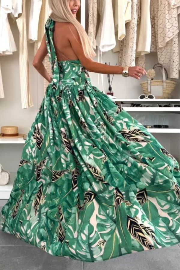 CM | Paisaje Amazónico Impresión Única Cuello Atado Cintura Anillo Halter Hendidura Maxi Vestido