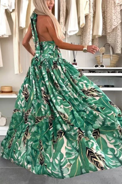 CM | Paisaje Amazónico Impresión Única Cuello Atado Cintura Anillo Halter Hendidura Maxi Vestido