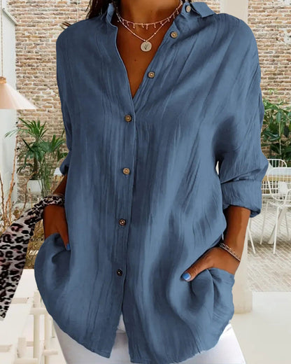 CM | Camisa casual monocolor de manga larga con cuello de pico y botones
