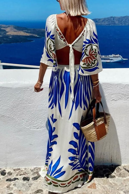 CM | Mezcla de lino estampado único Cuello en V Espalda Hueca Encaje Libre Maxi Vestido de Vacaciones