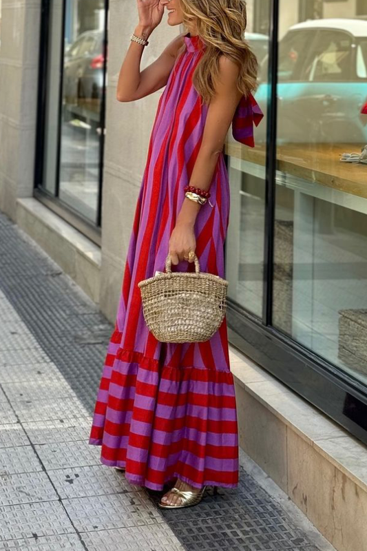 CM | Vestido largo sin espalda de rayas rojas casual