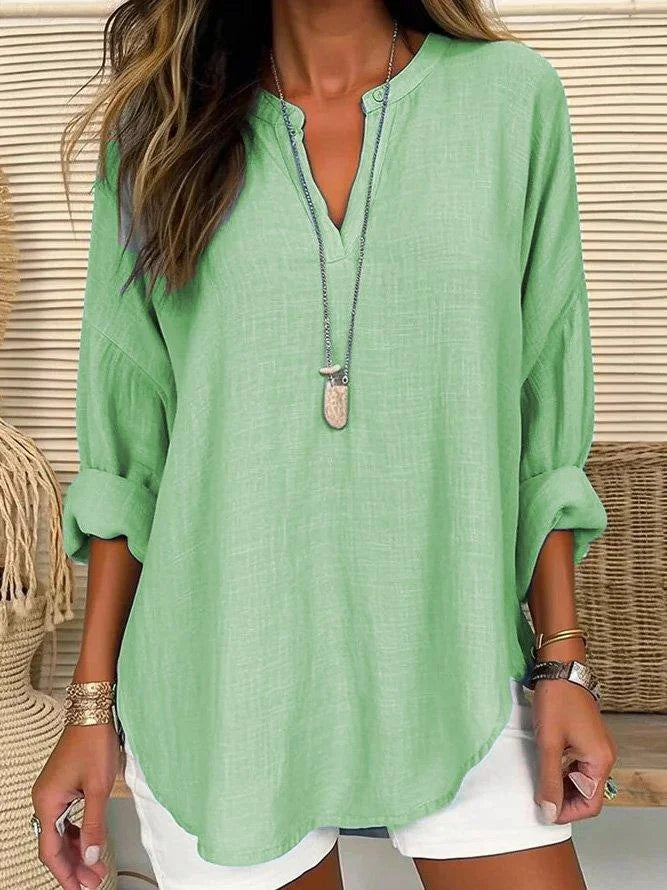 CM | Camisa regular de manga larga con cuello en V, monocolor, de manga larga y corte holgado