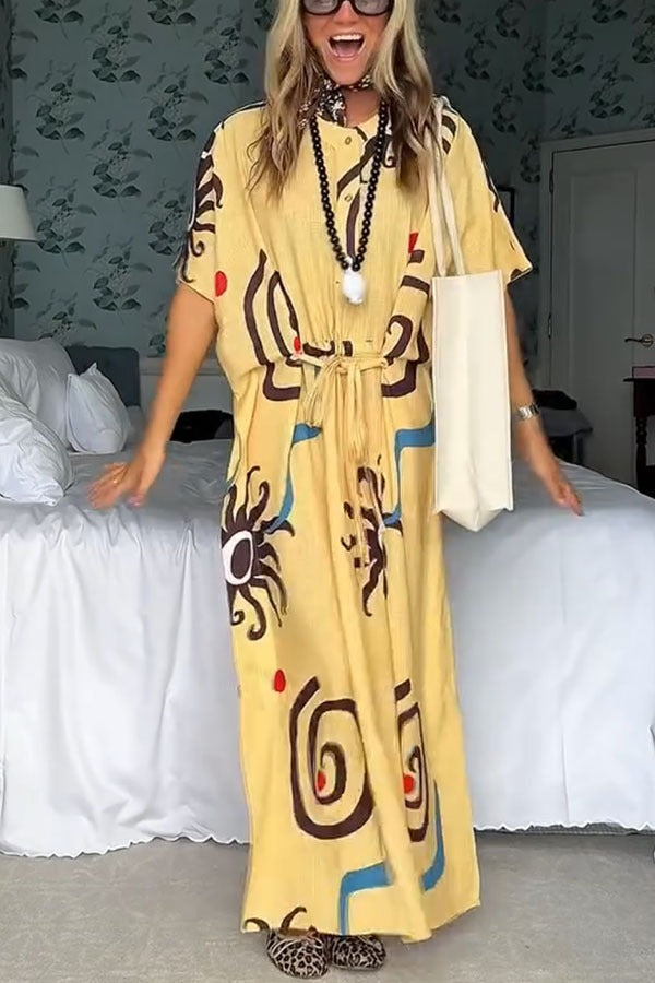 CM | Helia Mezcla de Lino Estampado Único Maxi Vestido Kaftan con Cintura con Cordón