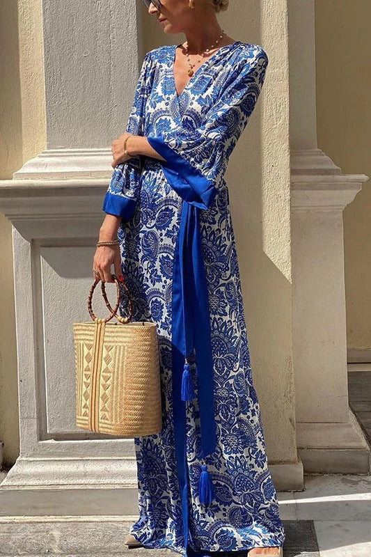 CM | Greek Island Satén Cinturón de borlas estampado floral único Maxi vestido de aspecto envolvente