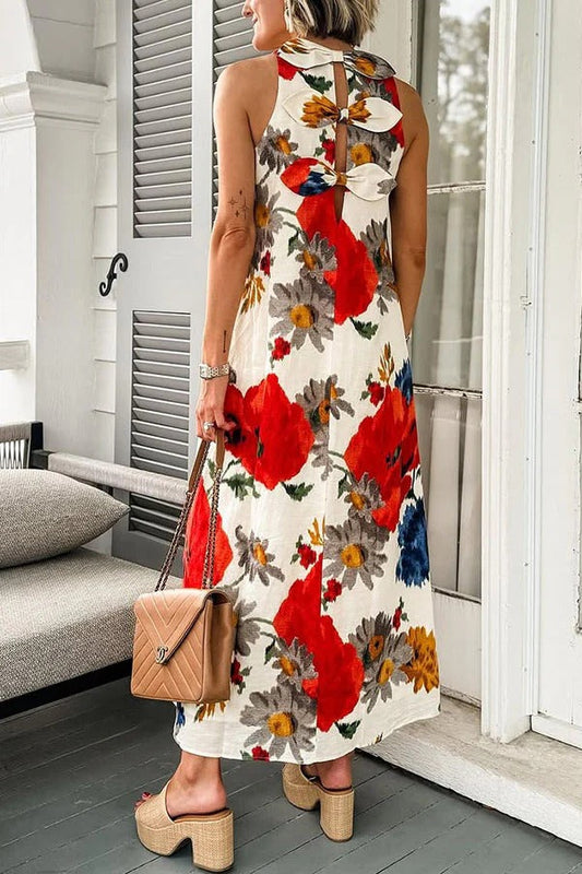 CM | Crimson Poppy Mezcla de Lino Espalda Elegante Lazo Detalles Suelto Maxi Vestido