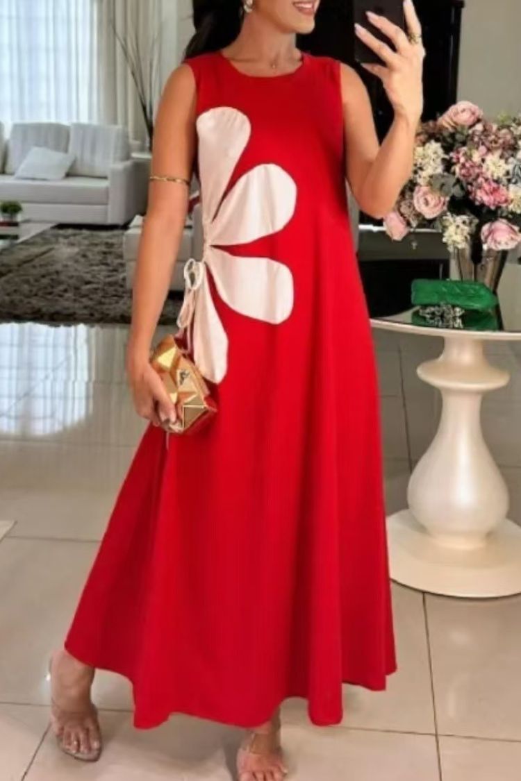 CM | Color Sólido Cuello Redondo Floral Maxi Vestido