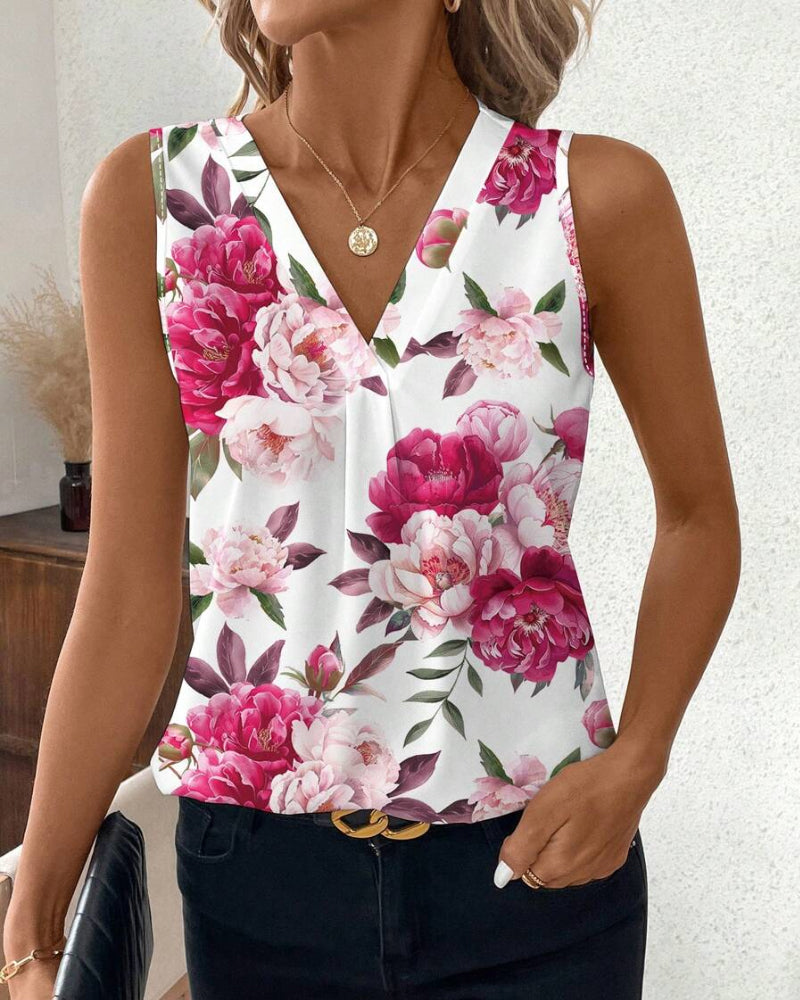 CM | A Blusa sin mangas de escote redondo con estampado de rosas