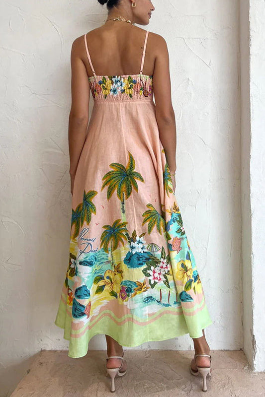 CM | Vestido midi con espalda fruncida y estampado tropical en mezcla de lino Coconut Scenery