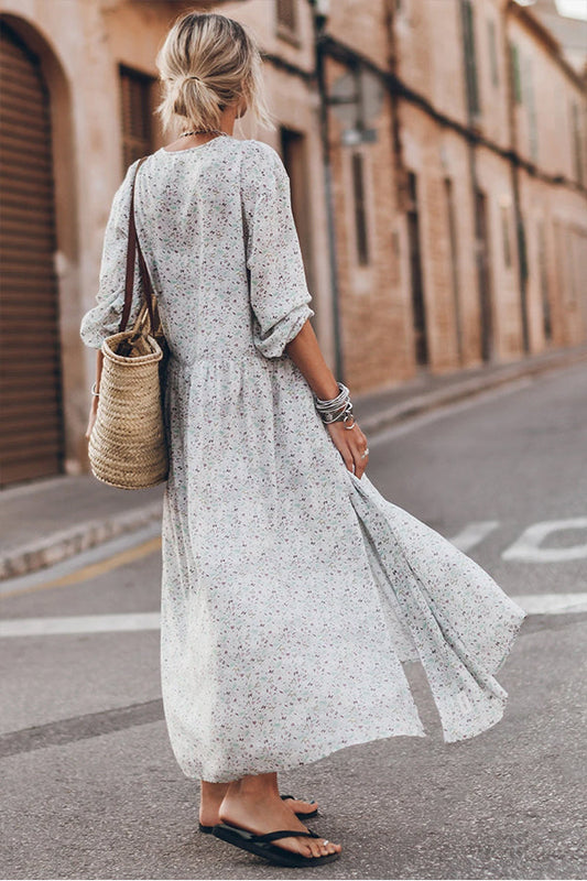 CM | Maxivestido floral multicolor con cuello en V y aberturas