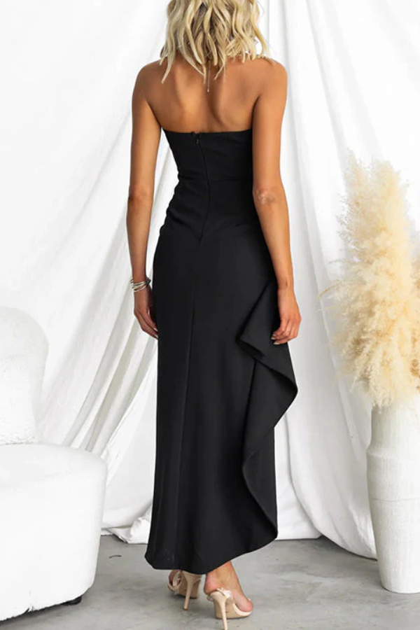 CM | Elegante maxi vestido sin tirantes con volantes y abertura