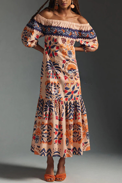 CM | Island Lover Vestido midi estampado con hombros al aire