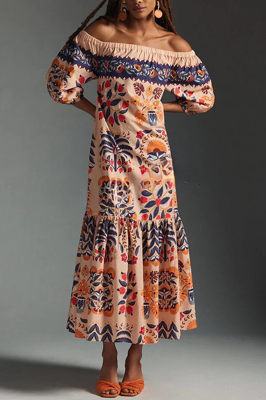 CM | Island Lover Vestido midi estampado con hombros al aire